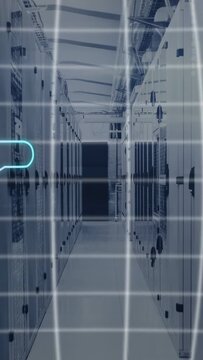 Vertical video: Magenta and teal icons sliding from aisle edges, forming AI chat bubbles over racks
