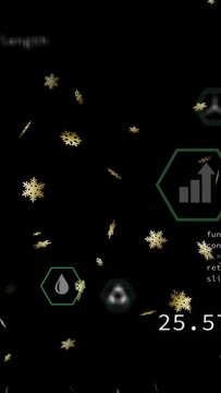 Vertical video: Gold flake drifting causing neon hex HUD group showing CO2 data as values shifting
