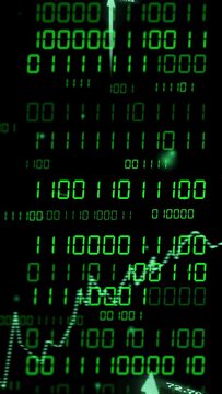 Vertical video: Incoming data updating, green binary panel showing moving line graph marking spikes