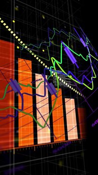 Vertical video: On play, 3D chart rotating, orange bars rising, lines undulating to reveal trends