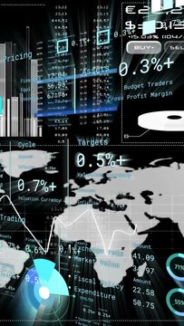 Vertical video: Blue sweep starting HUD updating world map bars tickers gauges showing live metrics