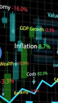 Vertical video: On data tick dashboard animating with bars growing and labels showing inflation