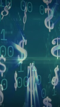 Vertical video: Center glyph glowing, starting money signs falling, rotating showing binary flow