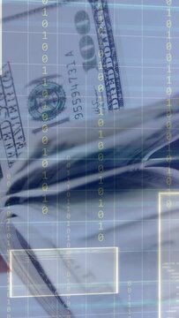 Vertical video: Right hand gripping edge fanning $100 bills, overlay highlighting IDs for verifying