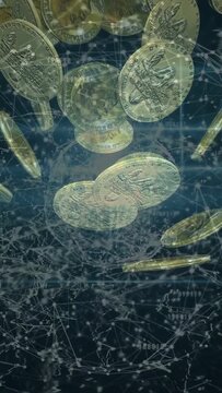 Vertical video: Central sphere pulsing, sending spinning coins forward, showing data becoming value