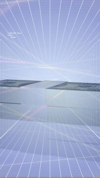 Vertical video: On light cue US100 stacks sliding, rotating toward camera, presenting finance