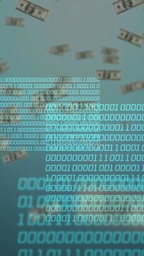 Vertical video: Falling USD bills causing cyan binary grid rising over center, showing fintech flow