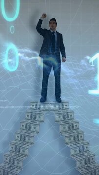Vertical video: Man standing on bills, binary making stacks forming arch, showing finance growth