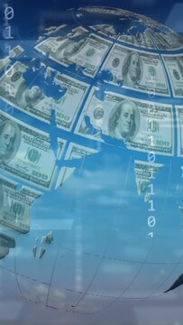 Vertical video: $100 globe emerging left rotating while binary streams falling showing finance flow