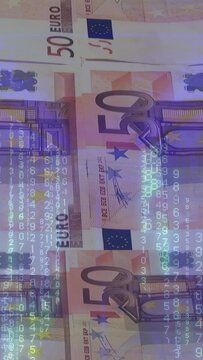 Vertical video: 50 euro notes filling frame, numeric stream emerging, casting glints for security