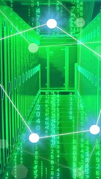 Vertical video: Data corridor showing nodes after marker, mesh, green digits cascading for net map