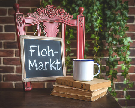 Rustic Red Ornate Chair Chalkboard Sign for Flea Market with Coffee Mug and Books flohmarkt