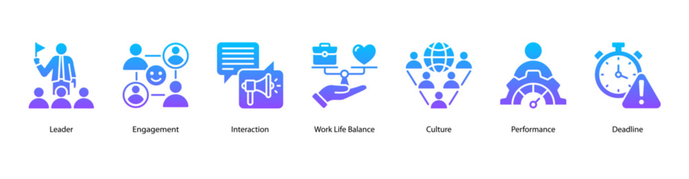 Workplace Culture web banner icon vector illustration featuring Leader, Engagement, Interaction, Work Life Balance, Culture, Performance, and Deadline.