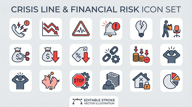 Crisis line editable icon set. Contain icons related to crisis  decrease  risk  alert  failure  layoff  job fired  pay cuts  low cost  breakdown  and more. Editable stroke. Vector illustration