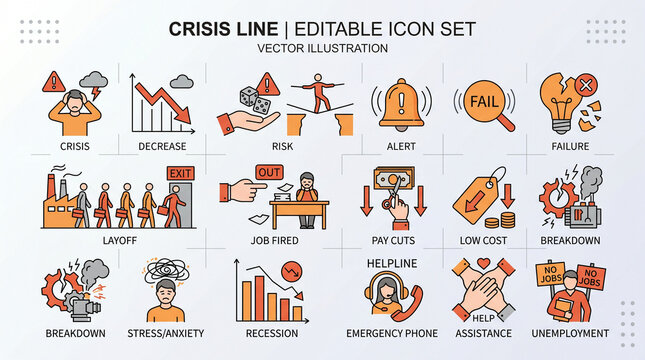 Crisis line editable icon set. Contain icons related to crisis, decrease, risk, alert, failure, layoff, job fired, pay cuts, low cost, breakdown, and more. Editable stroke. Vector illustration