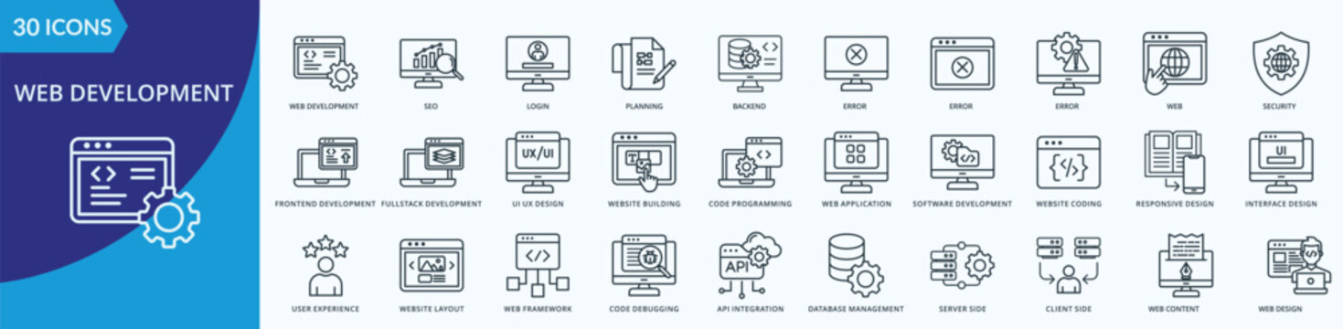 Web Development Icon Set Illustration Vector Outline Style with web development, seo, login, planning