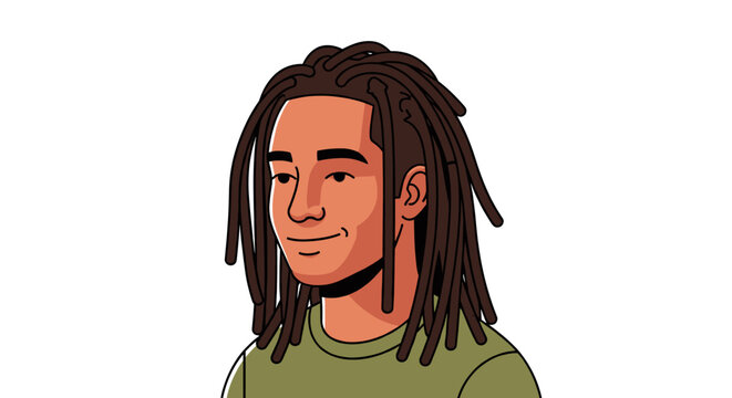 Portrait of young man with dreadlocks hairstyle isolated on white background. Smiling male character avatar concept. Flat style vector illustration for profile, web design, app