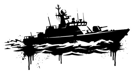 Warship patrol boat moving through water in an artistic ink drip style © UrbanDruid