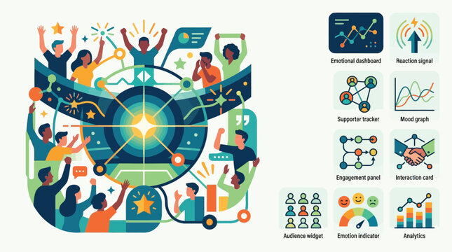 Vector illustration of a data analytics dashboard featuring diverse people, engagement metrics, sentiment tracking, mood graphs, and audience interaction widgets for digital marketing.