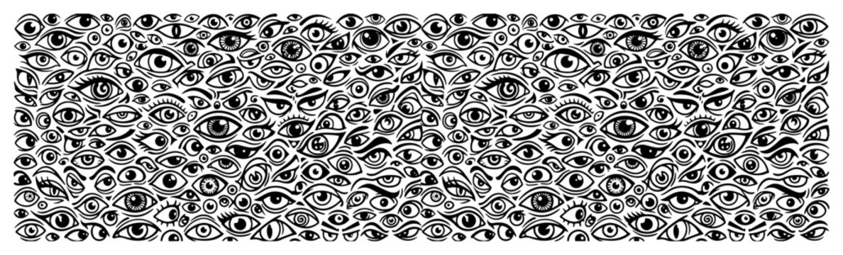 Human eyes looking in various directions forming a surreal gaze pattern in detailed ink style