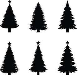 Obraz premium Set of six black christmas tree silhouettes with stars