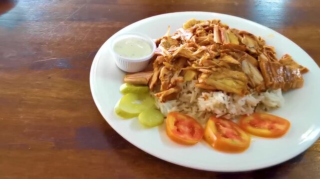 Juicy chicken shawarma plate with rice kebab tzatziki mediterranean restaurant.