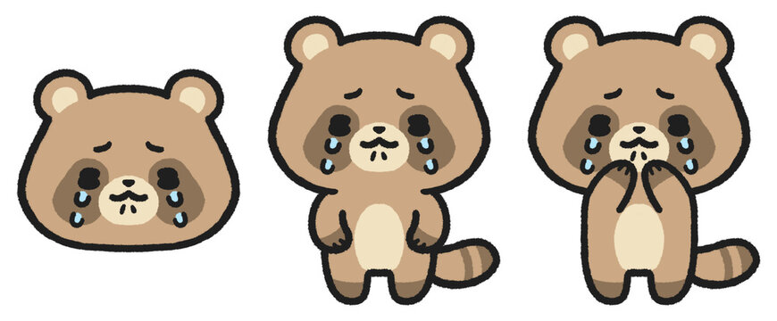 泣いているタヌキのイラストセット