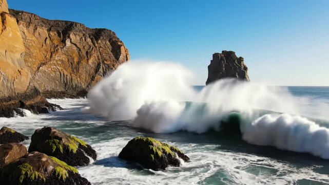 Powerful ocean waves crashing against coastal cliffs and sea stacks on a bright sunny day