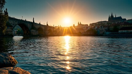 Naklejka premium Sonnenuntergang über historischem Fluss mit Brücke und europäischer Altstadt