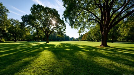 Fototapeta premium Grüne Parklandschaft mit großen Bäumen und Sonnenlicht an einem Sommertag
