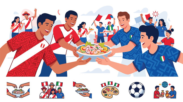Flat vector illustration of Peruvian and Italian soccer fans sharing a large bowl of traditional ceviche food, featuring men in national team jerseys, background flags, and sport icons.