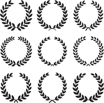 Create Set black silhouette circular laurel foliate, wheat and oak wreaths depicting an award, achievement, heraldry, nobility on white background. Emblem floral greek branch flat style stock vector
