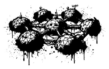 Futuristic dome colony station with interconnected pods in grunge ink style © UrbanDruid