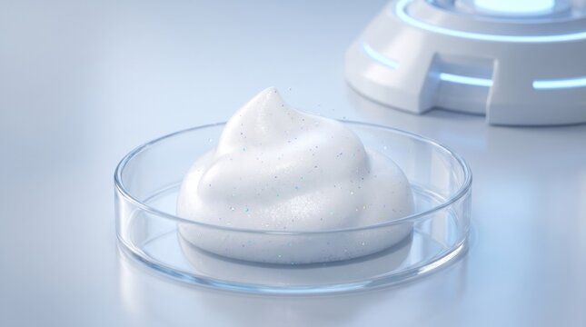 white whipped foam cream with glitter particles sits on a glass petri dish inside a futuristic cosmetic laboratory