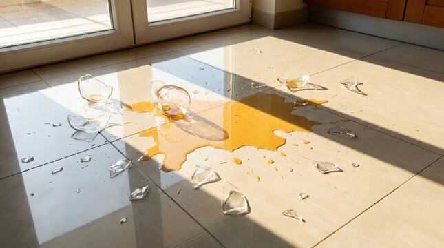 A broken wine glass with sharp shards and spilled orange liquid scattered on a tiled kitchen floor at home