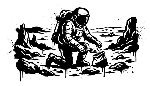 Astronaut collecting soil samples on moon landscape in grunge scifi style