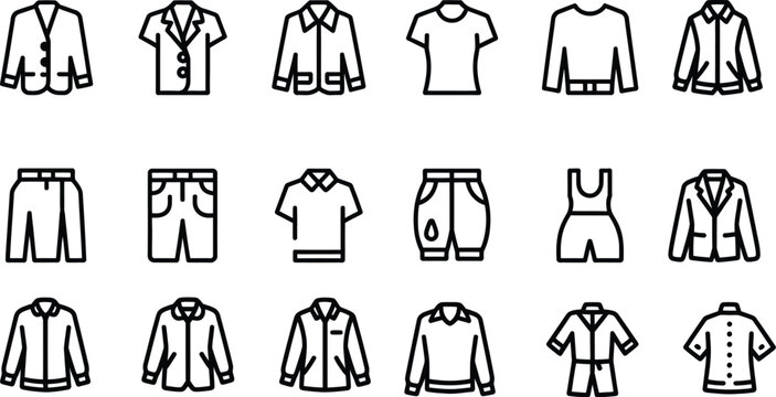 Fashion apparel garment outline icons set: jackets shirts t-shirts sweaters shorts coats with men