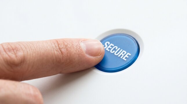 A close-up shot shows a human finger about to press a prominent blue button with the word SECURE printed on it, symbolizing security and access