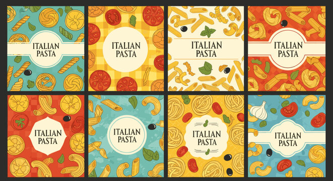 Set of Eight Square Labels featuring Italian pasta types with tomato and basil herbs. Food menu design template. Cooking and restaurant concept. Vector illustration collection