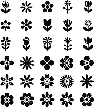 Collection of black silhouette floral icons representing various flower species and shapes