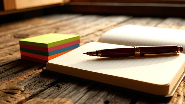 Person holding fountain pen writing in open notebook on rustic wooden desk with sunlight and sticky notes