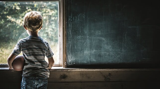 Young Boy Holding Football Standing by Blackboard, School Life and Children's Sports Education, Indoor Natural Light Scene