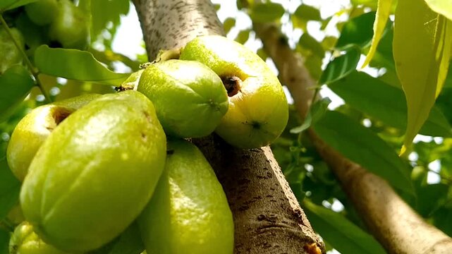 Fresh green Averrhoa bilimbi fruits on a wooden background