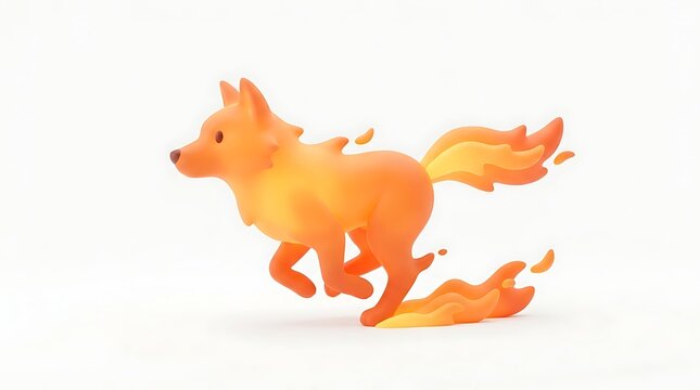 A stylized 3D rendering of a fox-like creature made of fire, running with flames trailing behind it.
