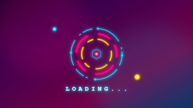 A colorful loading animation appears on a purple background screen