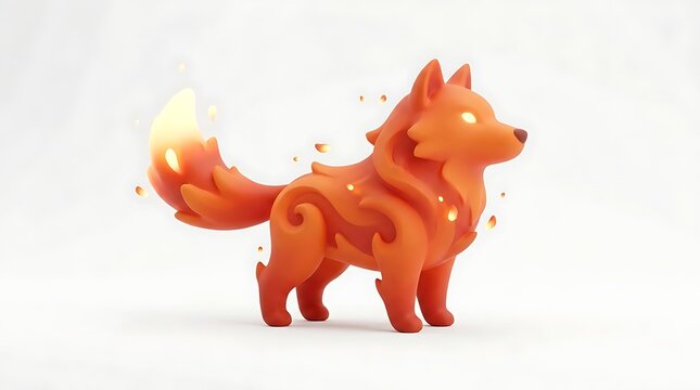 A stylized, cartoonish orange fox-like creature with glowing eyes and a fiery tail stands on a white background.