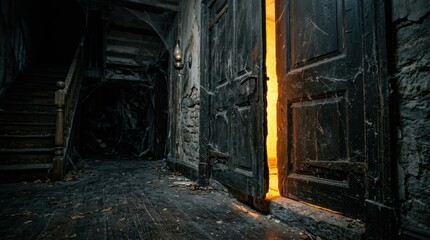 Fototapeta premium Dark hallway with glowing open door and stairs. Halloween haunted interior concept.