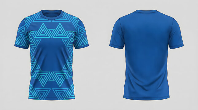 Blue soccer jersey mockup with geometric triangle pattern design