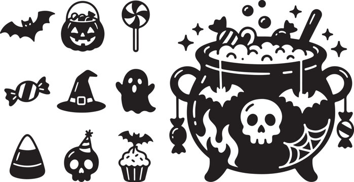 Halloween icons and symbols in black and white