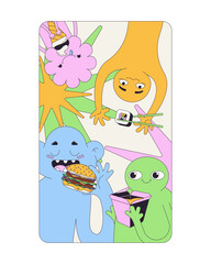 Fototapeta premium Funky fast food friends party modern splash screen illustration. Whimsical characters enjoying sushi, burger and noodles. Web design UI. Flat vector concept. Mobile app launch. Micro UX scene